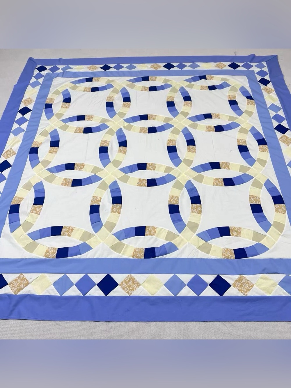 Handmade Double wedding ring Sewing Patchwork Queen size Cotton Quilt Topper